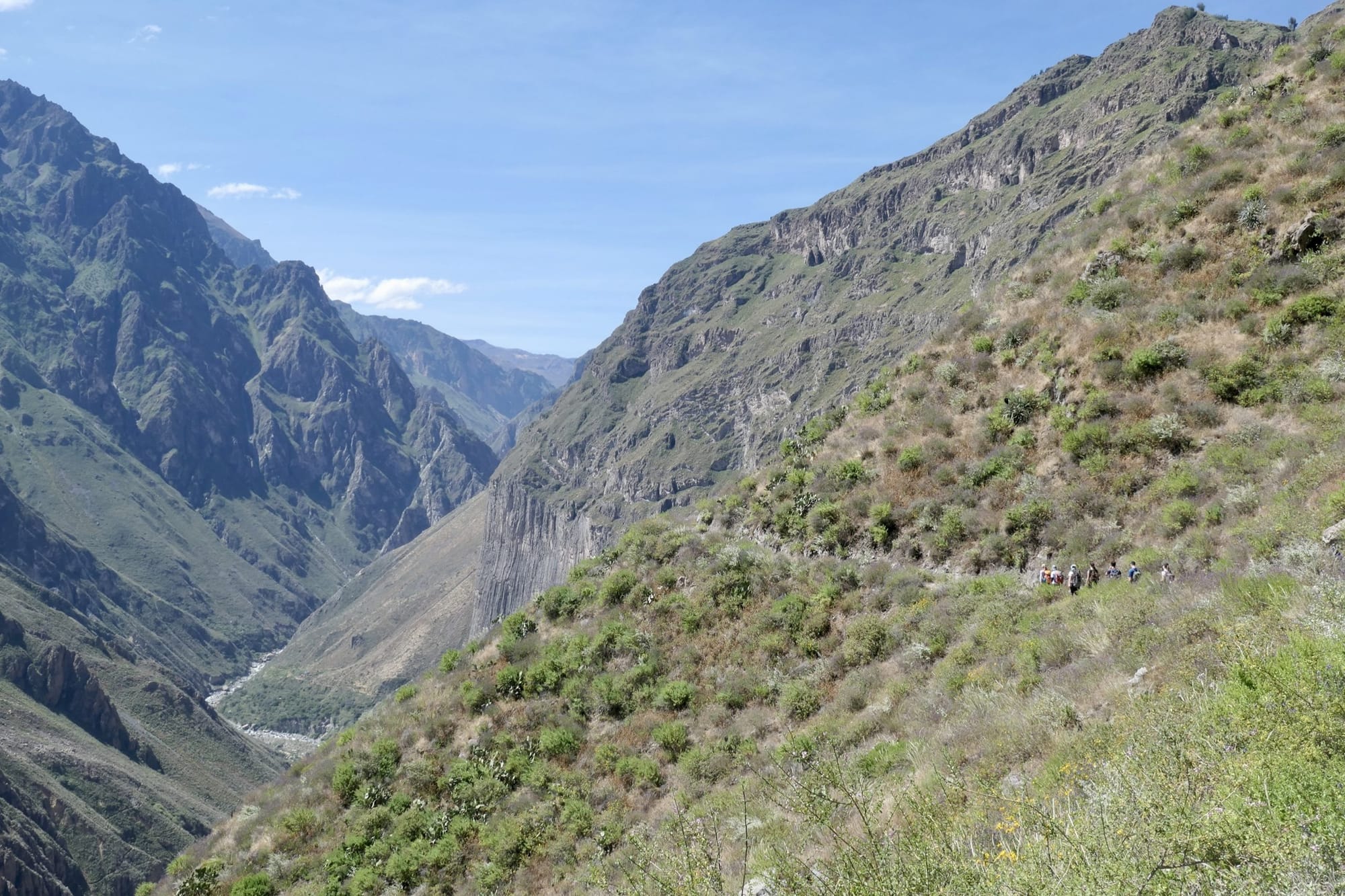 File de marcheurs sur un sentier en traversée au-dessus d'un canyon, Pérou